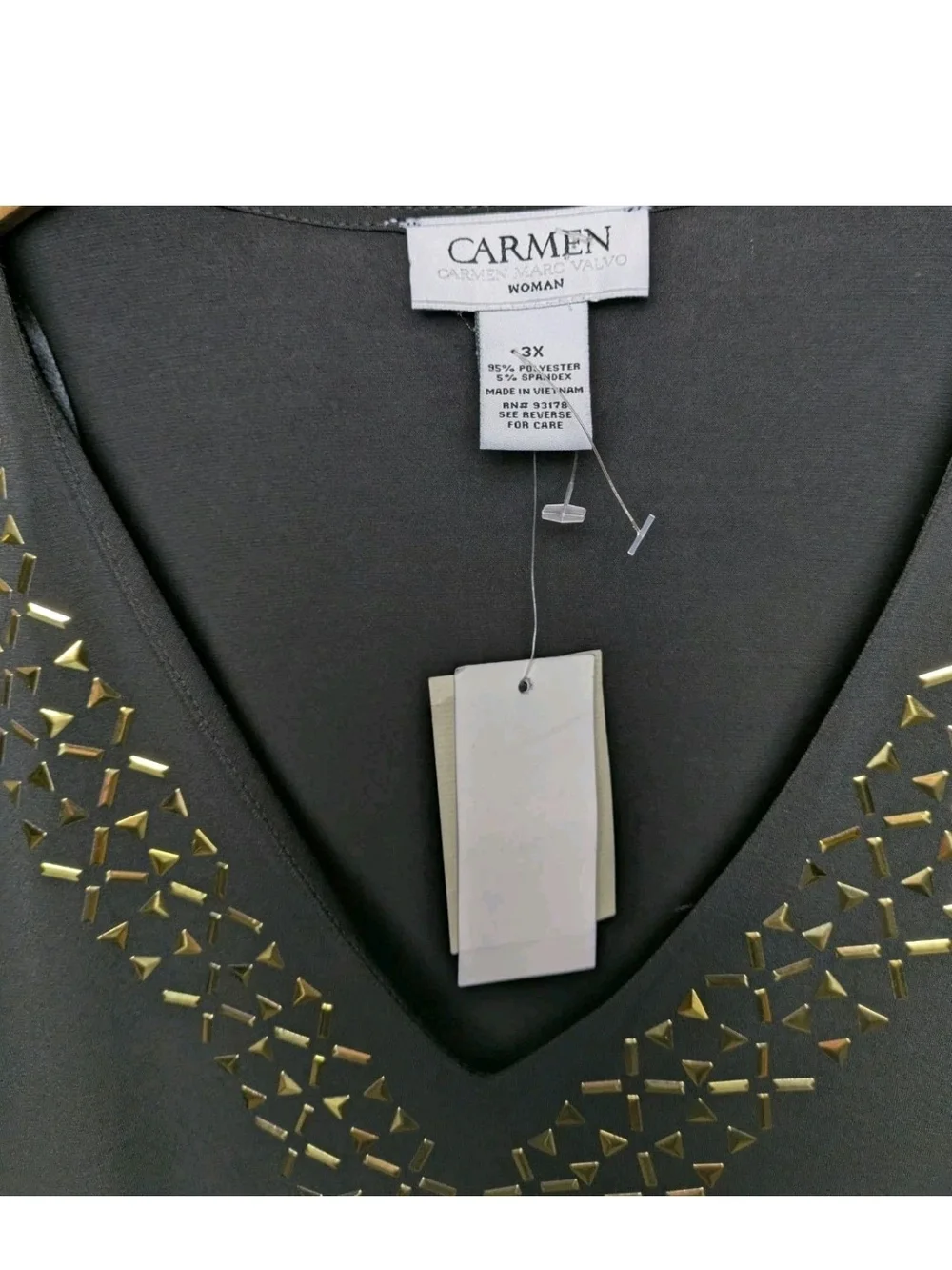 Carmen Marc Valvo Black V-Neck Tunic with Gold Stud Trim - Picture 2 of 7